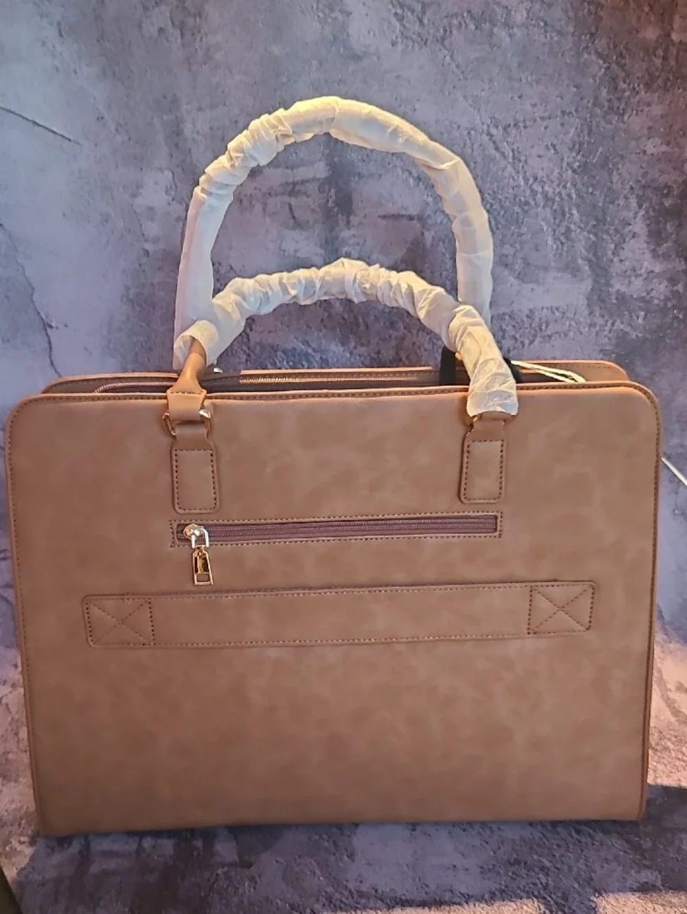 Floral-Embossed Laptop Tote in Tan